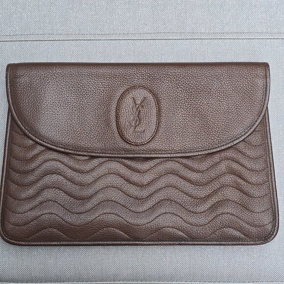 Yves Saint Laurent YSL Brown Wave Leather Clutch - Picture 1 of 13